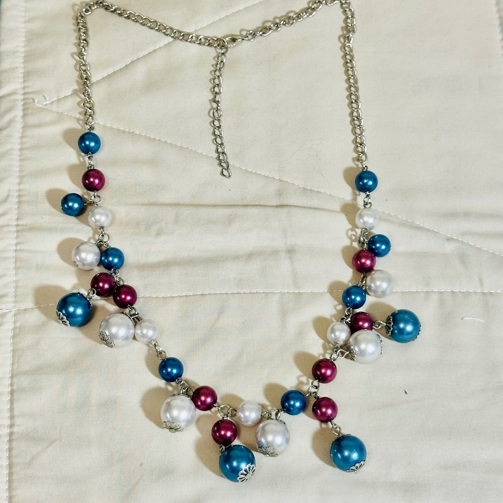Silver Chain Turquoise Colored Rose Colored & White Beads